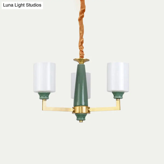 Retro Emerald White Glass Cylindrical Chandelier - Suspended Lighting Fixture With 3/8/12 Lights