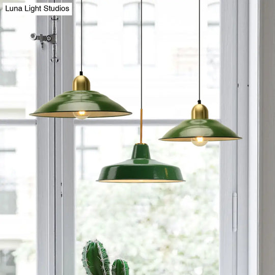 Retro Enamel Green Metal Suspension Lamp For Cafe - 1-Light Hanging Fixture