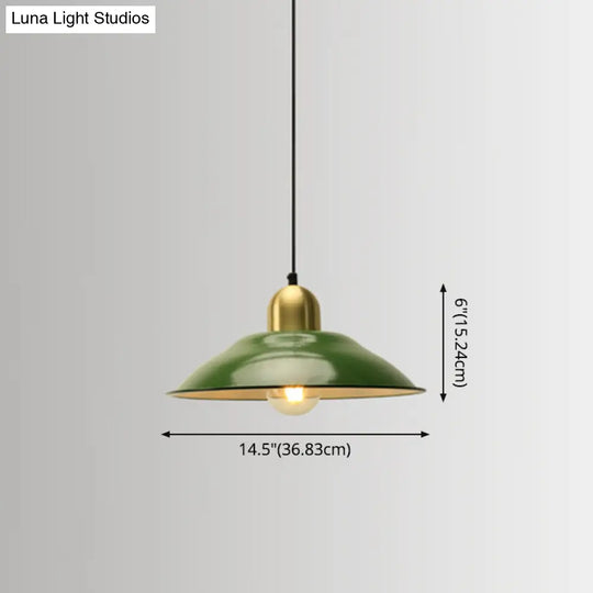 Retro Enamel Green Metal Suspension Lamp For Cafe - 1-Light Hanging Fixture