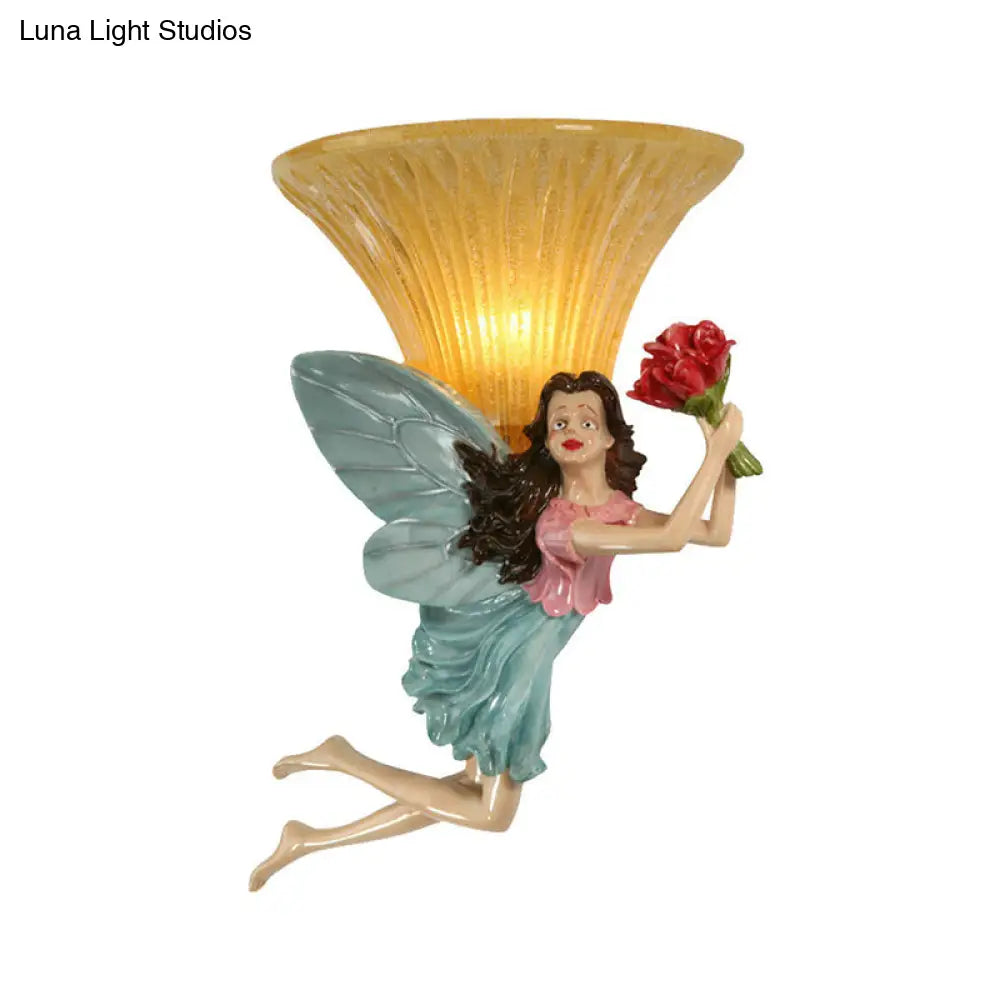 Retro Fairy Wall Sconce Lamp: Blue/Gold Resin 1-Head Fixture With Amber Glass Shade