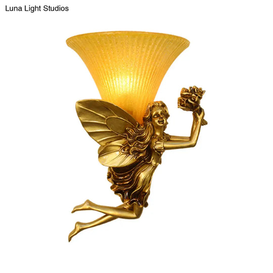 Retro Fairy Wall Sconce Lamp: Blue/Gold Resin 1-Head Fixture With Amber Glass Shade