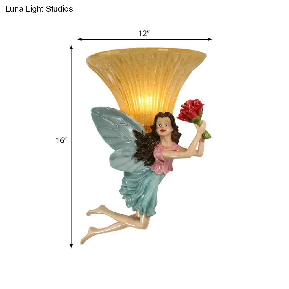 Retro Fairy Wall Sconce Lamp: Blue/Gold Resin 1-Head Fixture With Amber Glass Shade