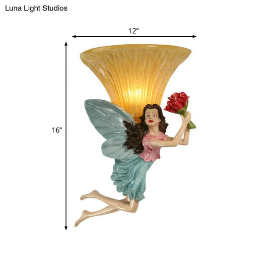 Retro Fairy Wall Sconce Lamp: Blue/Gold Resin 1-Head Fixture With Amber Glass Shade