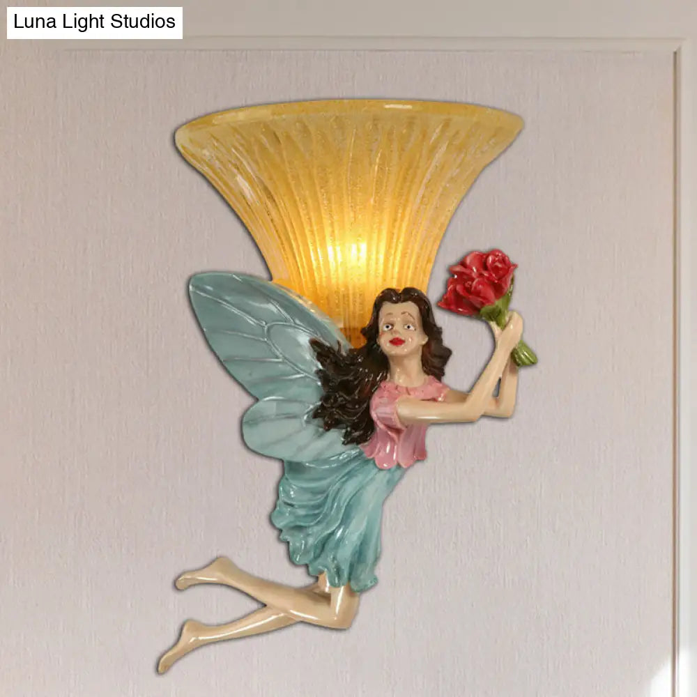 Retro Fairy Wall Sconce Lamp: Blue/Gold Resin 1-Head Fixture With Amber Glass Shade