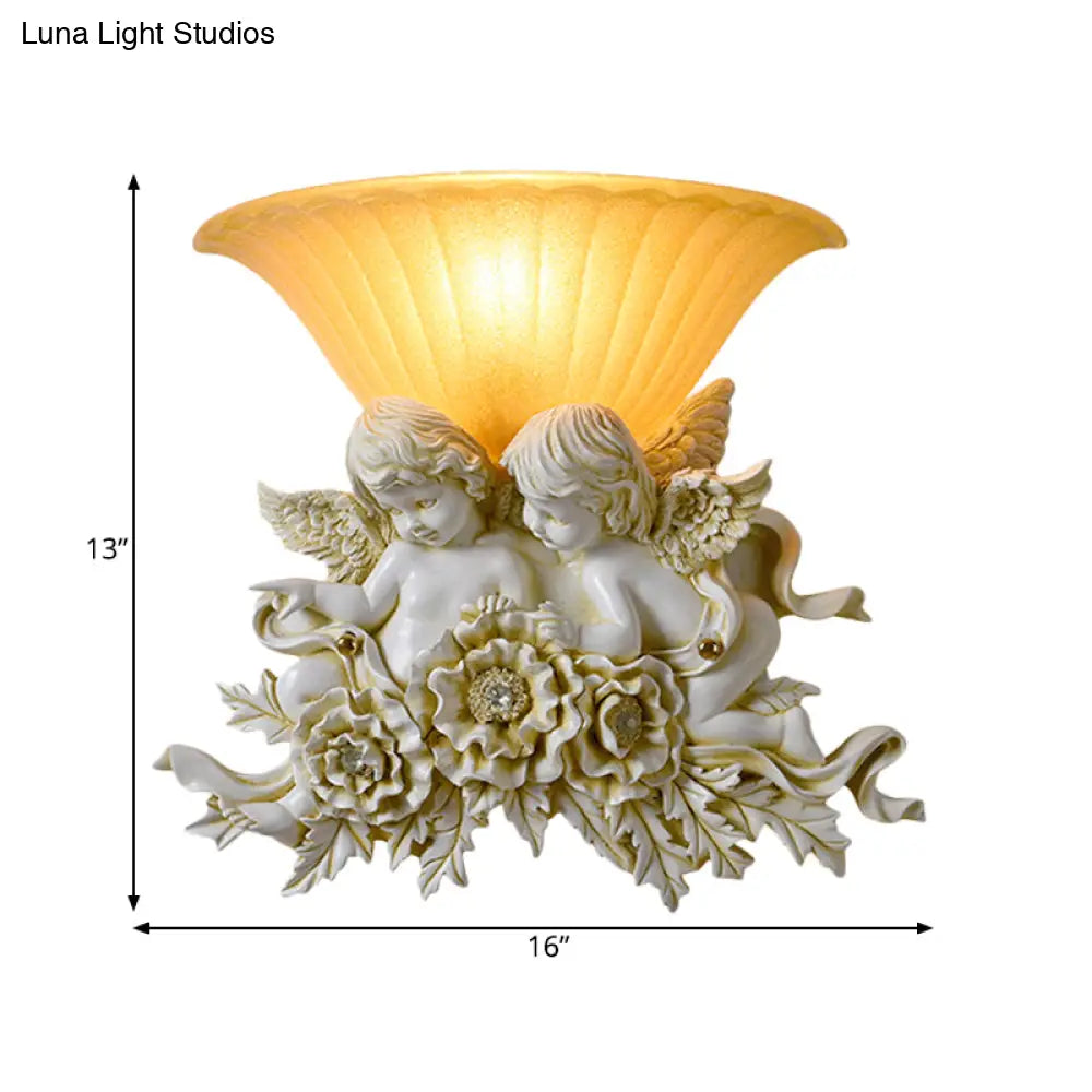 Retro Flared Frosted Glass Wall Lamp - 1-Light Yellow Sconce With Pink/Beige Rose Detail