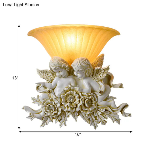 Retro Flared Frosted Glass Wall Lamp - 1-Light Yellow Sconce With Pink/Beige Rose Detail