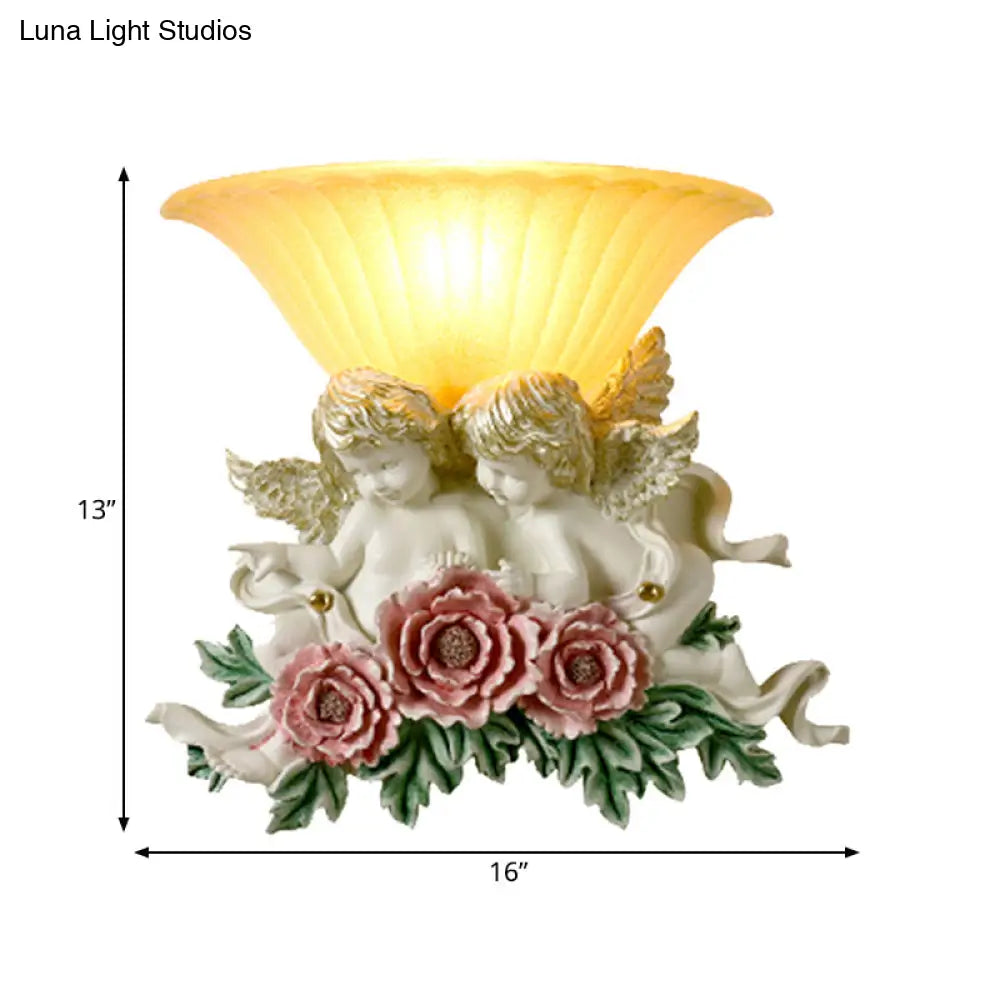 Retro Flared Frosted Glass Wall Lamp - 1-Light Yellow Sconce With Pink/Beige Rose Detail