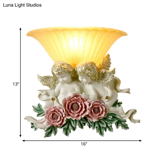 Retro Flared Frosted Glass Wall Lamp - 1-Light Yellow Sconce With Pink/Beige Rose Detail