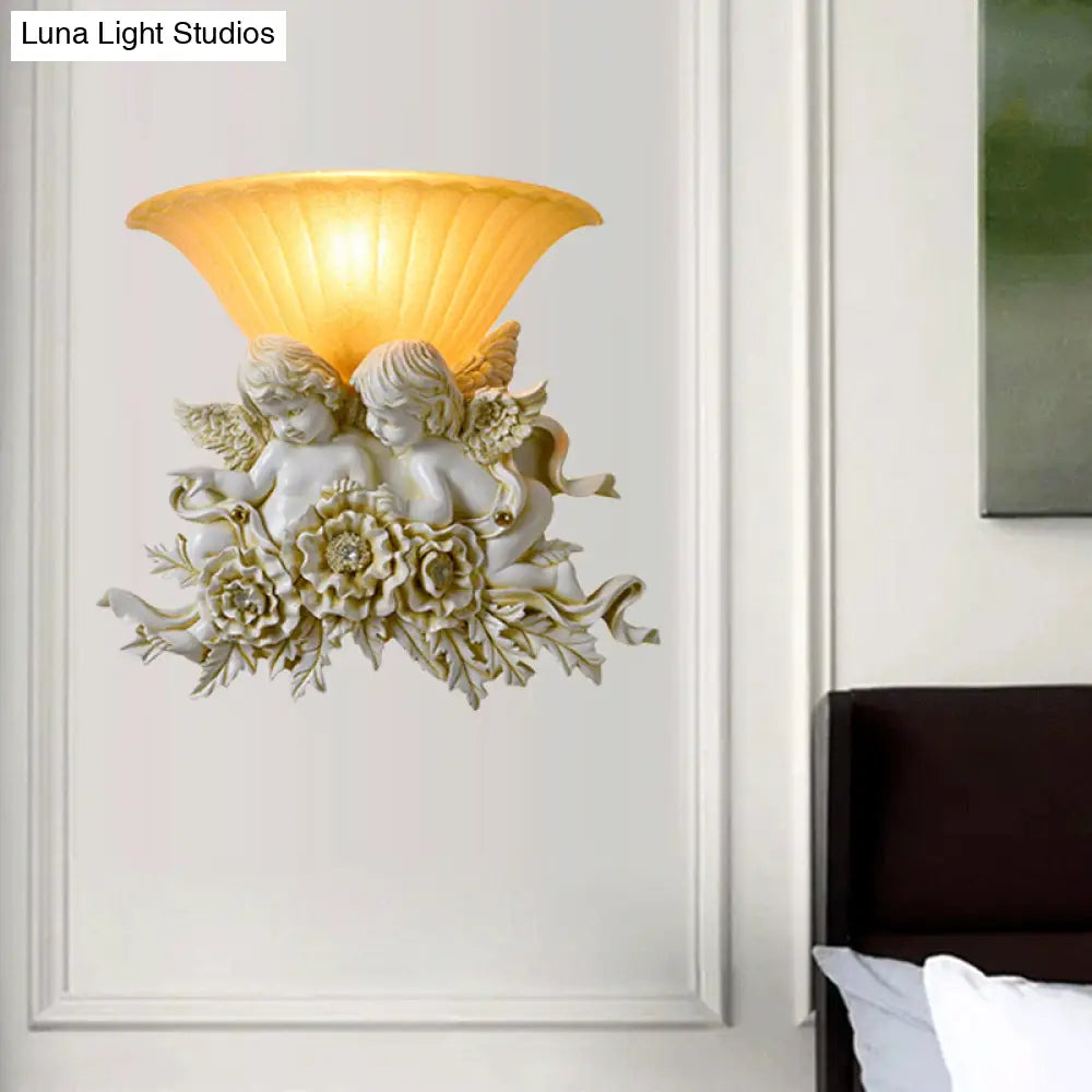 Retro Flared Frosted Glass Wall Lamp - 1-Light Yellow Sconce With Pink/Beige Rose Detail