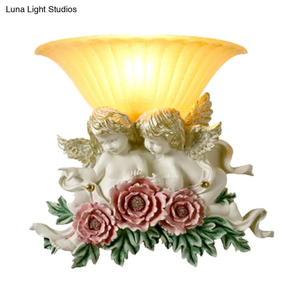 Retro Flared Frosted Glass Wall Lamp - 1-Light Yellow Sconce With Pink/Beige Rose Detail