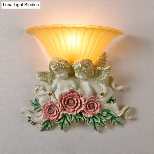 Retro Flared Frosted Glass Wall Lamp - 1-Light Yellow Sconce With Pink/Beige Rose Detail