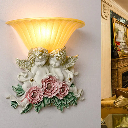 Retro Flared Frosted Glass Wall Lamp - 1-Light Yellow Sconce With Pink/Beige Rose Detail Pink