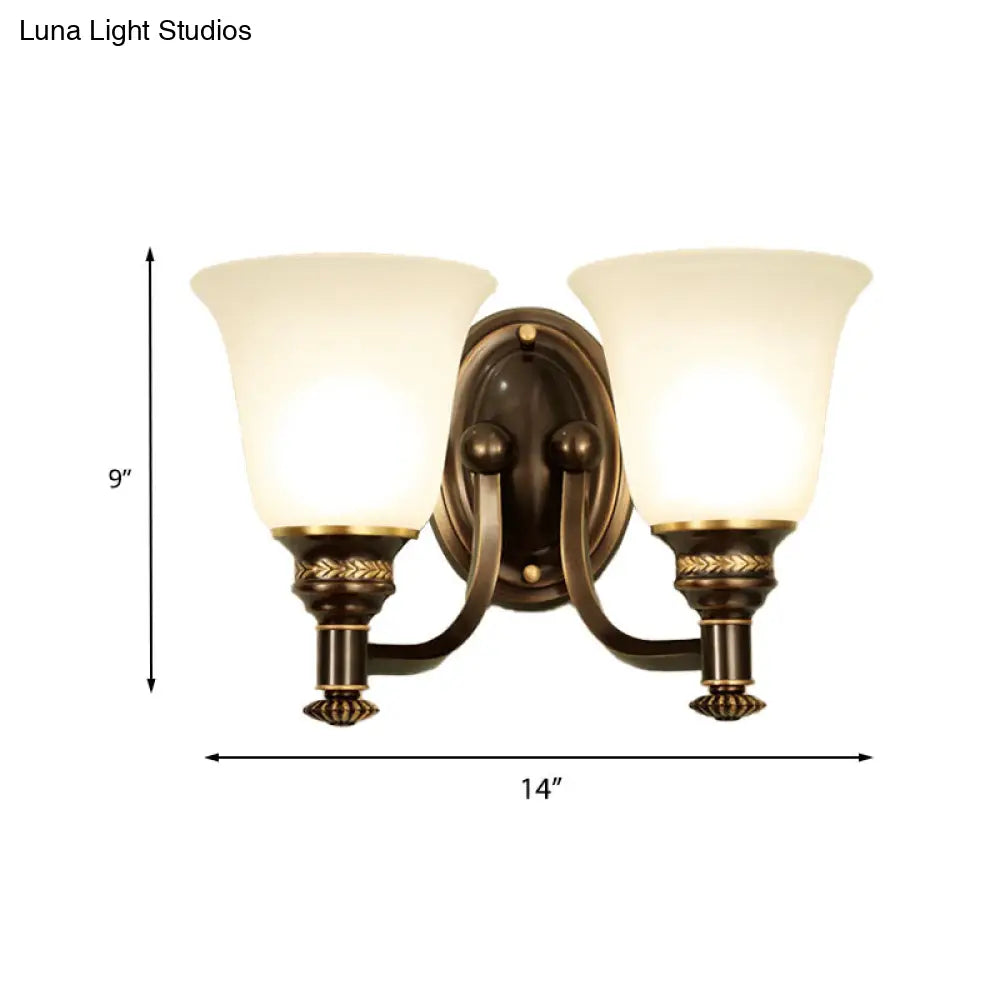 Retro Flared Sconce Light Fixture - White Glass Wall Mounted With Metal Curved Arm In Black-Gold