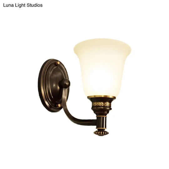 Retro Flared Sconce Light Fixture - White Glass Wall Mounted With Metal Curved Arm In Black-Gold