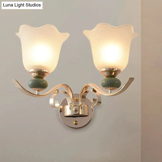 Retro Floral Bedside Wall Lamp With Milky Glass Shade | Gold Mounted Scroll Arm Design 1/2-Light