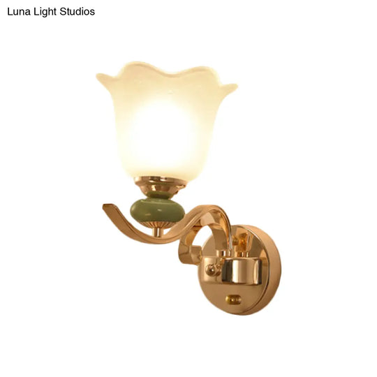 Retro Floral Bedside Wall Lamp With Milky Glass Shade | Gold Mounted Scroll Arm Design 1/2-Light