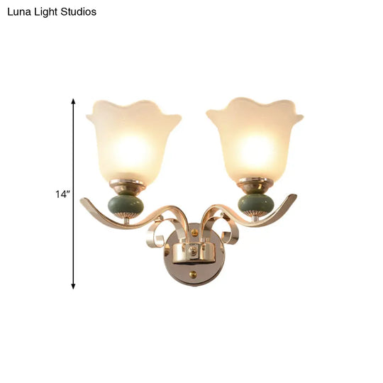 Retro Floral Bedside Wall Lamp With Milky Glass Shade | Gold Mounted Scroll Arm Design 1/2-Light