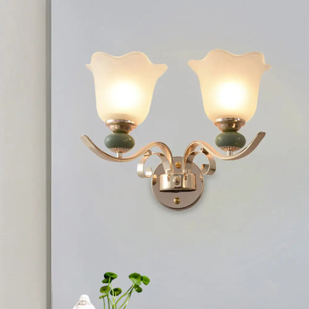 Retro Floral Bedside Wall Lamp With Milky Glass Shade | Gold Mounted Scroll Arm Design 1/2-Light 2 /