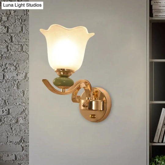 Retro Floral Bedside Wall Lamp With Milky Glass Shade | Gold Mounted Scroll Arm Design 1/2-Light