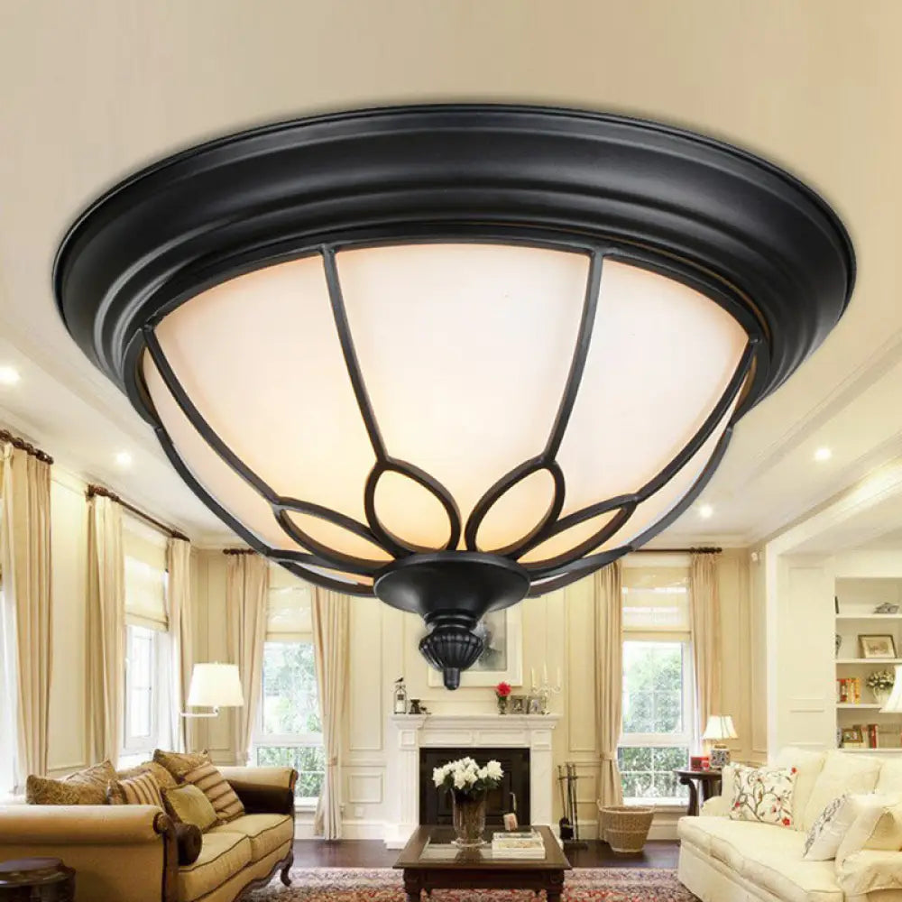 Retro Floral Iron Flush Mount Ceiling Light With Opal Glass Shade - Set Of 2 Black / Small