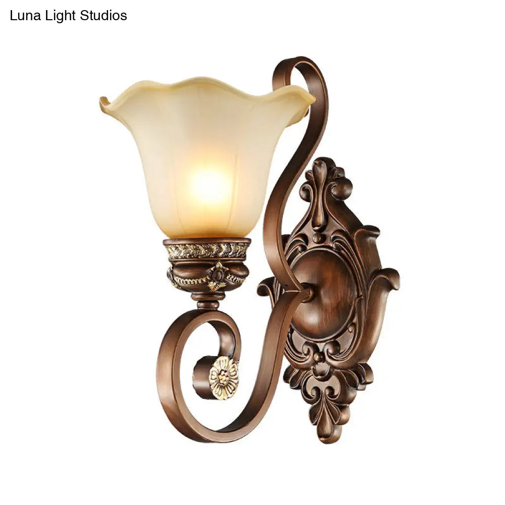 Retro Floral Wall Sconce Light With Metal Curved Arm - 1 Frosted Glass Brown Ideal For Porch