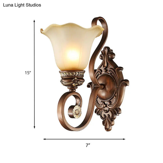 Retro Floral Wall Sconce Light With Metal Curved Arm - 1 Frosted Glass Brown Ideal For Porch