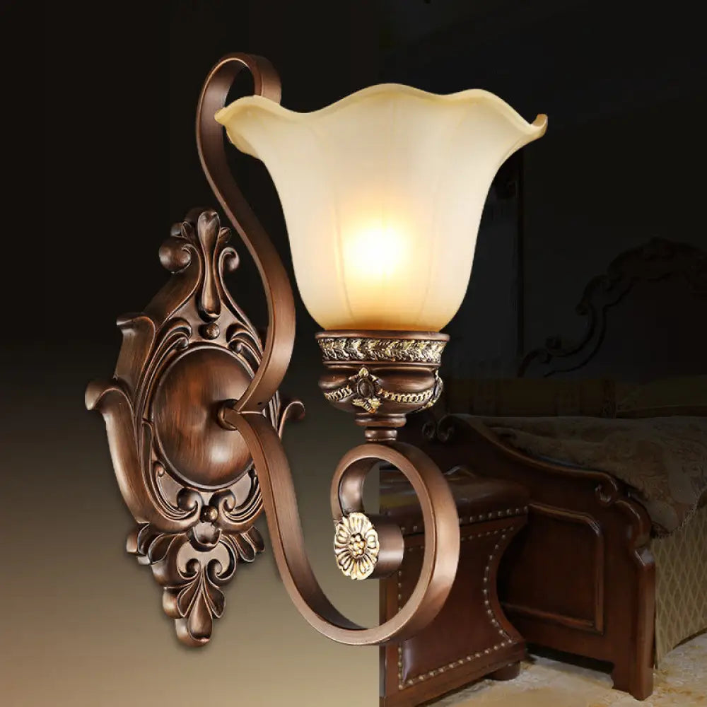 Retro Floral Wall Sconce Light With Metal Curved Arm - 1 Frosted Glass Brown Ideal For Porch Red