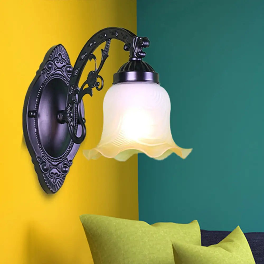 Retro Floral Wall Sconce With Frosted Glass & Metallic Curvy Arm - Black 1 /