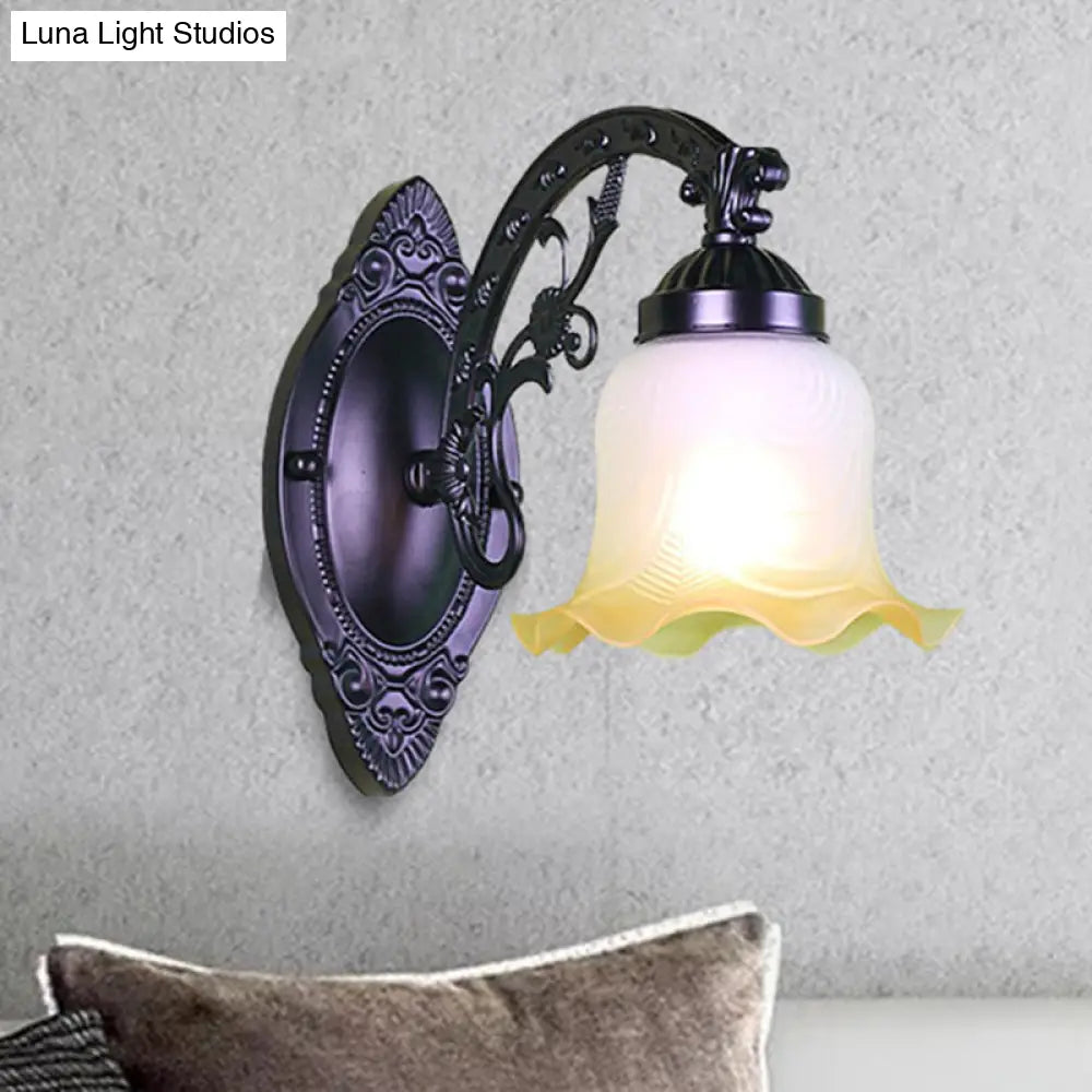 Retro Floral Wall Sconce With Frosted Glass & Metallic Curvy Arm - Black