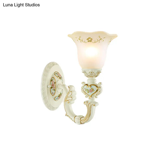 Retro Flower Frosted Glass Sconce Light With Carved Arm - 1-Light Wall Mount Lamp In White For Porch