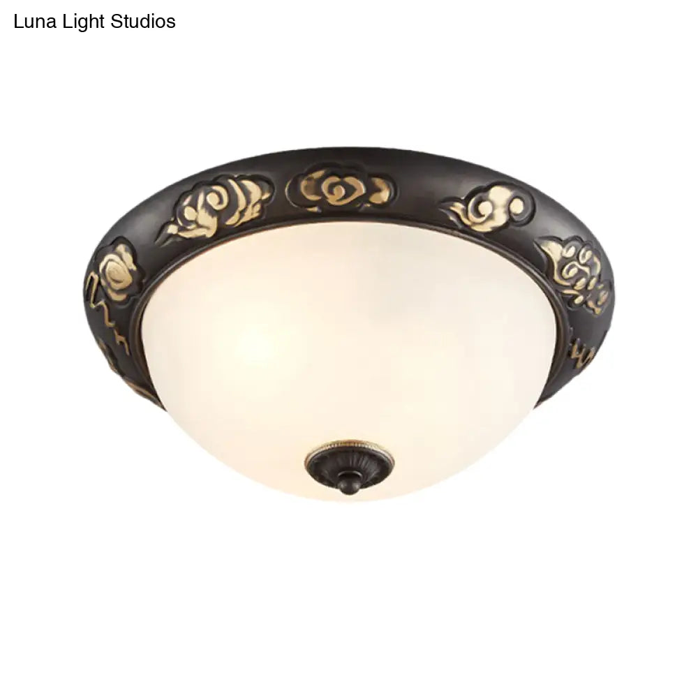 Retro Flush Mount Ceiling Lamp - 15/19.5 Milk Glass Black-Gold Dome Shape 3/4 Lights Bedroom Fixture