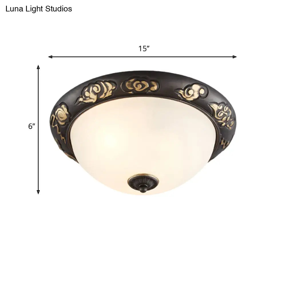 Retro Flush Mount Ceiling Lamp - 15’/19.5’ Milk Glass Black - Gold Dome Shape 3/4 Lights