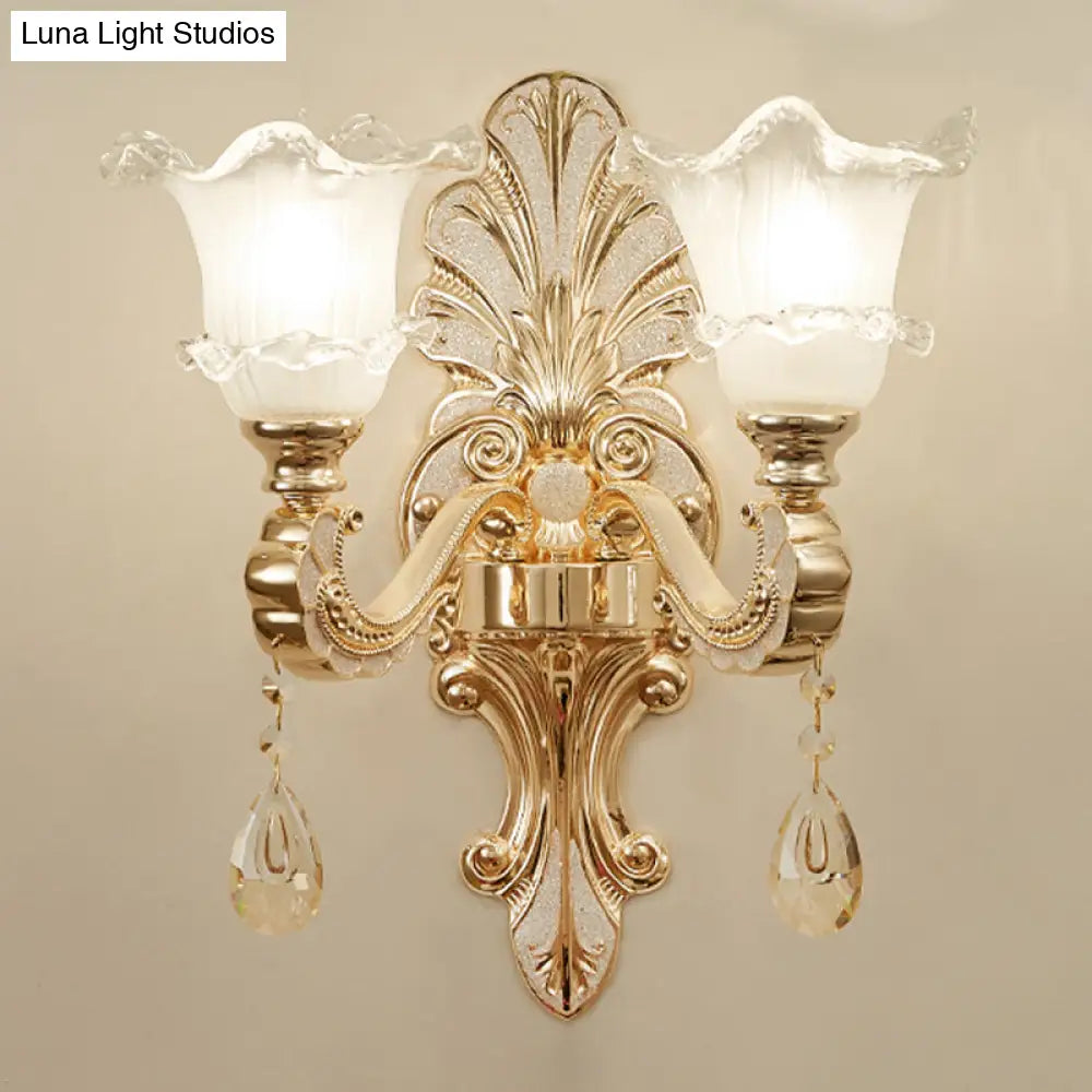 Retro Frosted Glass Sconce With Ruffle Trim & Gold Wall Mount 1/2-Bulb Doorway Light