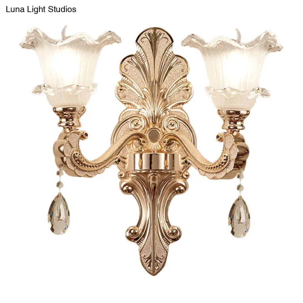 Retro Frosted Glass Sconce With Ruffle Trim & Gold Wall Mount 1/2-Bulb Doorway Light