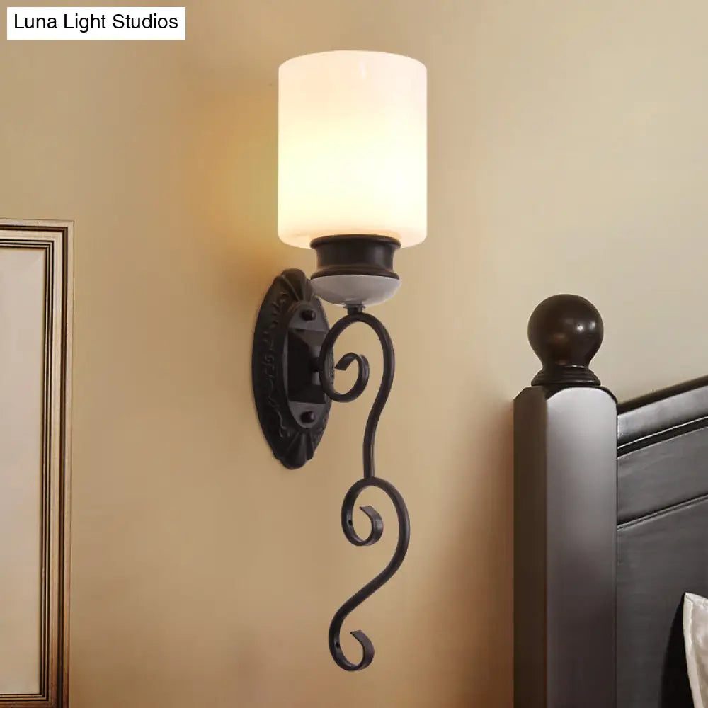 Retro Frosted Glass Wall Sconce Light In Black - Cylindrical Shade 1 Bulb Ideal For Bedroom