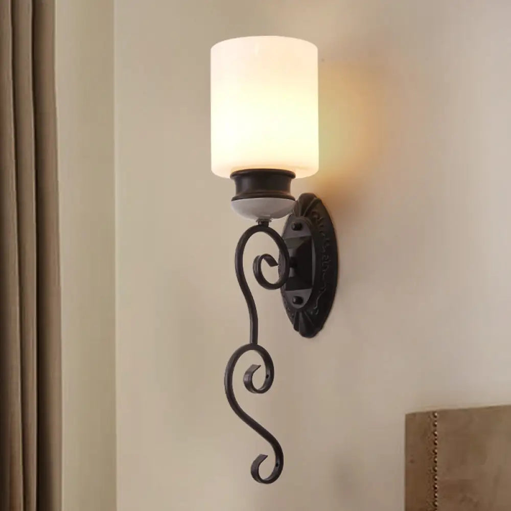 Retro Frosted Glass Wall Sconce Light In Black - Cylindrical Shade 1 Bulb Ideal For Bedroom