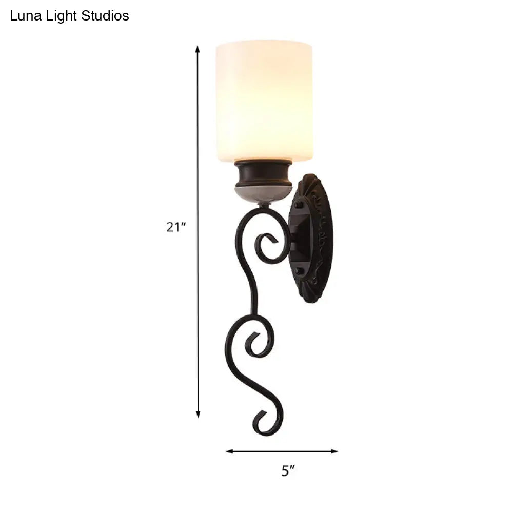 Retro Frosted Glass Wall Sconce Light In Black - Cylindrical Shade 1 Bulb Ideal For Bedroom