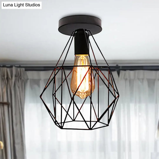 Retro Geometric Cage Ceiling Light: Stylish Iron Semi Flush Mount For Restaurants - Black Design