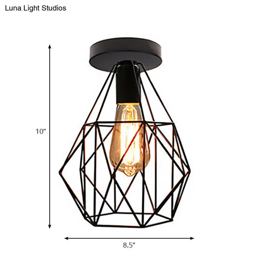 Retro Geometric Cage Ceiling Light: Stylish Iron Semi Flush Mount For Restaurants - Black Design