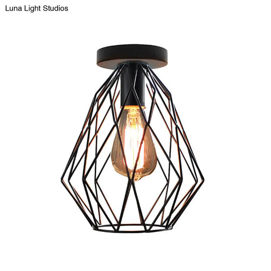 Retro Geometric Cage Ceiling Light: Stylish Iron Semi Flush Mount For Restaurants - Black Design