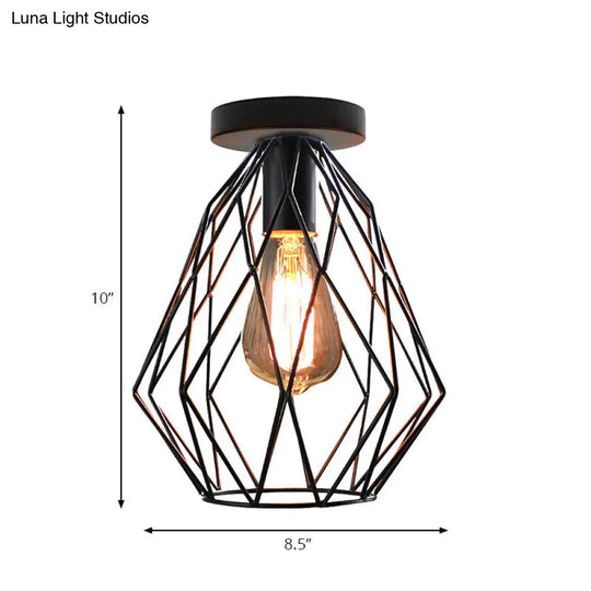 Retro Geometric Cage Ceiling Light: Stylish Iron Semi Flush Mount For Restaurants - Black Design