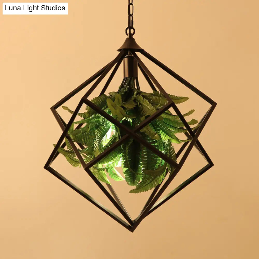 Geometric Metal Hanging Ceiling Light Retro 1 Bulb Led Black Suspension Lamp With Plant 18/21.5 Wide