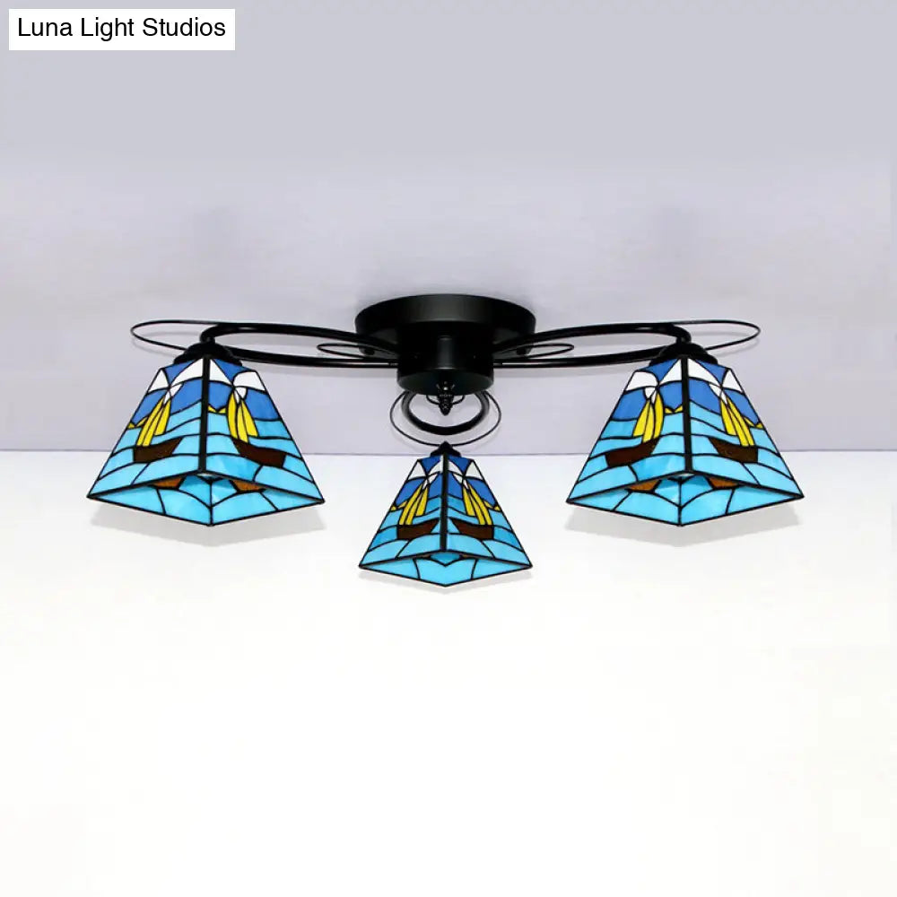 Retro Geometric Flushmount Ceiling Light With Stained Glass - White/Sky Blue/Clear/Dark Blue
