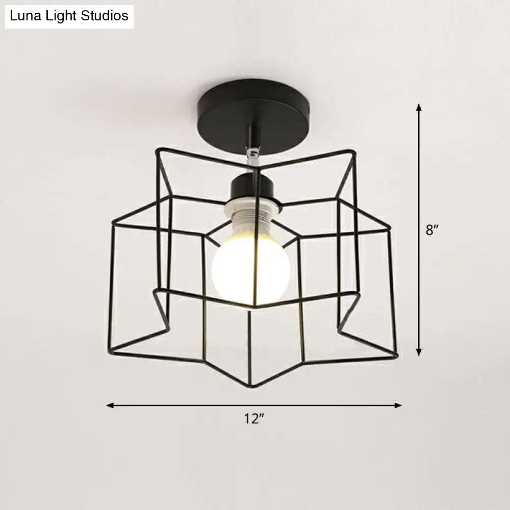 Retro Geometric Semi Flush Mount Lighting - Iron Fixture For Entryway Black / Star