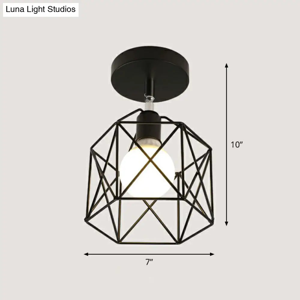 Retro Geometric Semi Flush Mount Lighting - Iron Fixture For Entryway Black / Hexagon