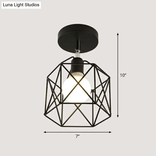 Retro Geometric Semi Flush Mount Lighting - Iron Fixture For Entryway Black / Hexagon