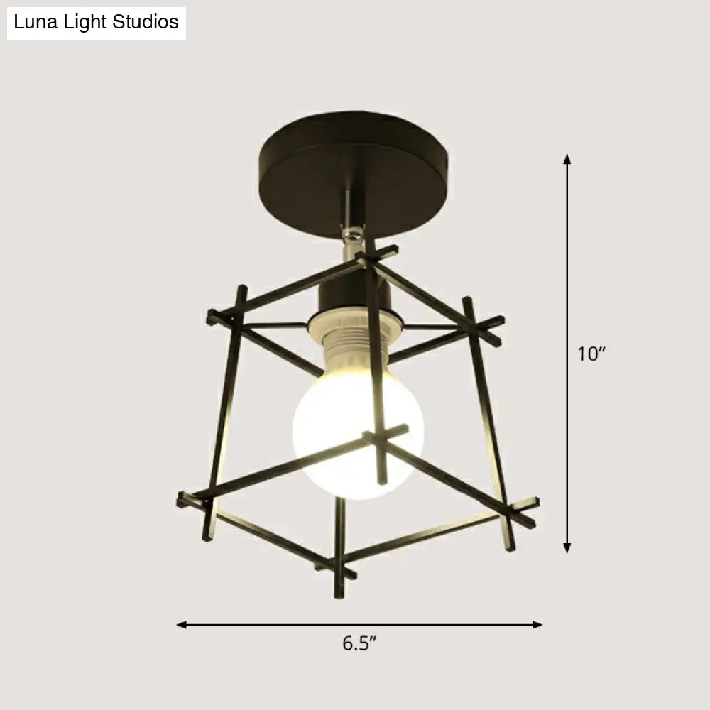 Retro Geometric Semi Flush Mount Lighting - Iron Fixture For Entryway Black / Square Plate