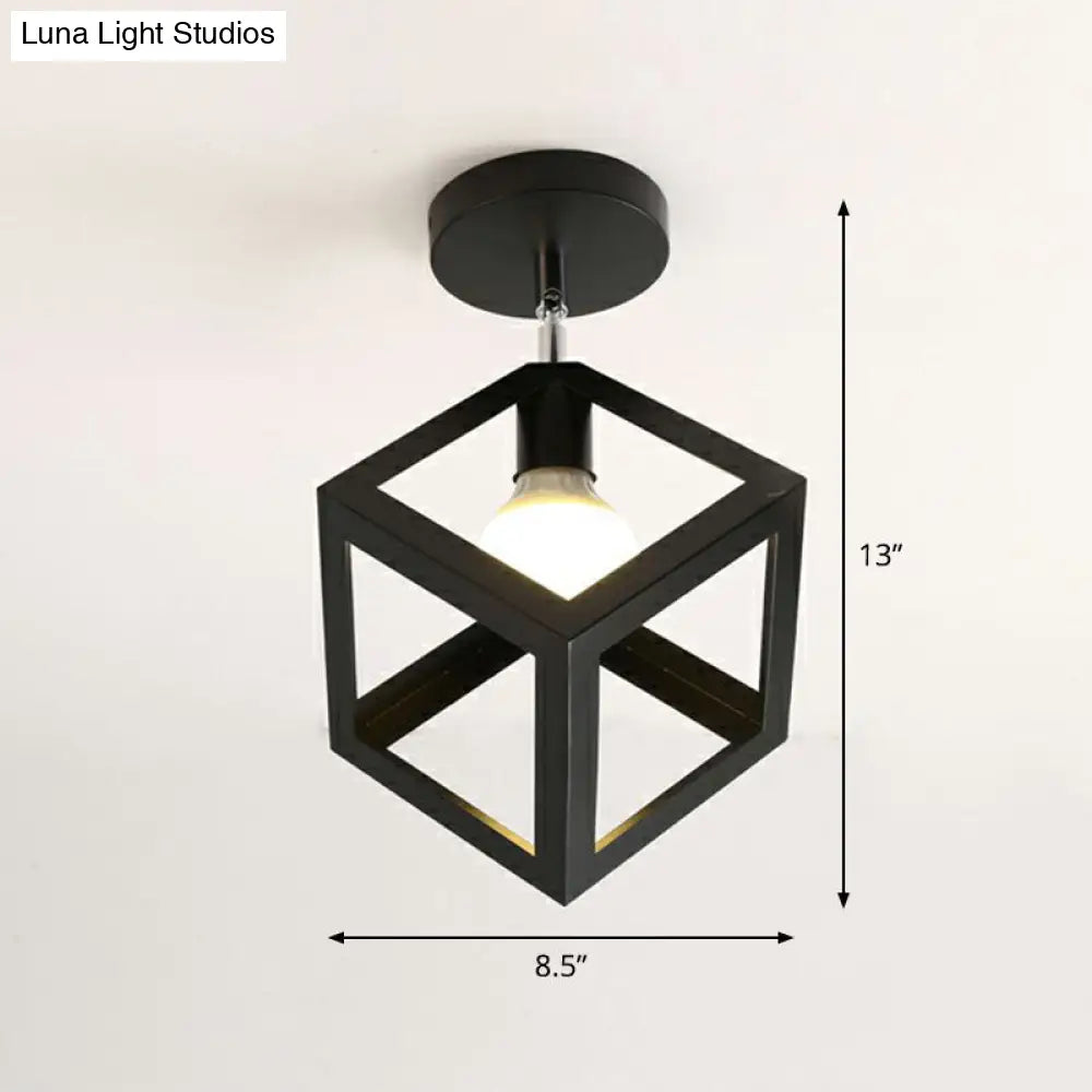 Retro Geometric Semi Flush Mount Lighting - Iron Fixture For Entryway Black / Square