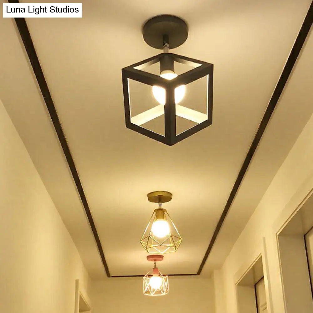 Retro Geometric Semi Flush Mount Lighting - Iron Fixture For Entryway