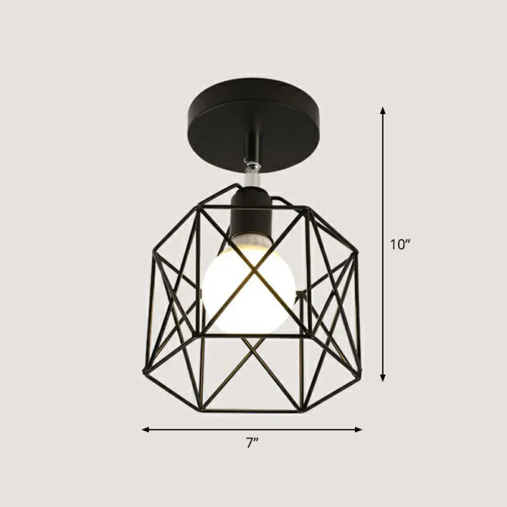 Retro Geometric Semi Flush Mount Lighting - Iron Fixture For Entryway Black / Hexagon